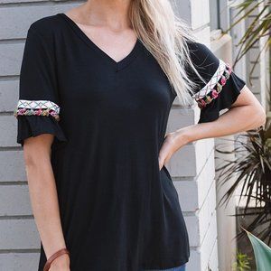 NWT Amaryllis | Black Tassel-Sleeve V-Neck Tee - M